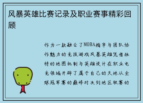 风暴英雄比赛记录及职业赛事精彩回顾