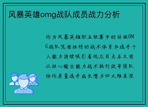 风暴英雄omg战队成员战力分析